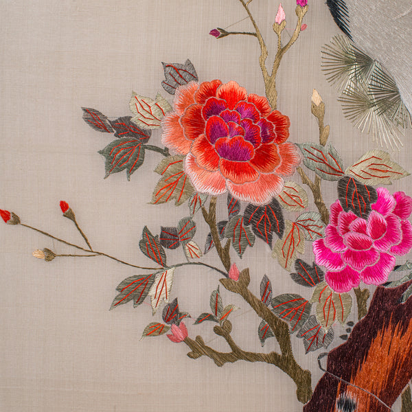 Tall Pair of Vintage Bird Embroideries, Oriental, Framed, Wildlife Art, C.1980