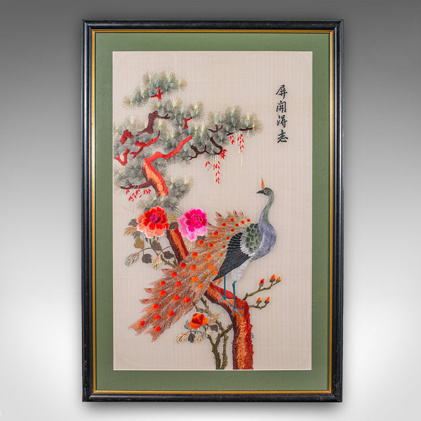 Tall Pair of Vintage Bird Embroideries, Oriental, Framed, Wildlife Art, C.1980