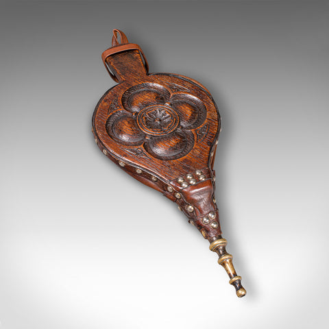 Antique Fireplace Bellows, English, Oak, Leather, Fire Tool, Victorian, C.1880