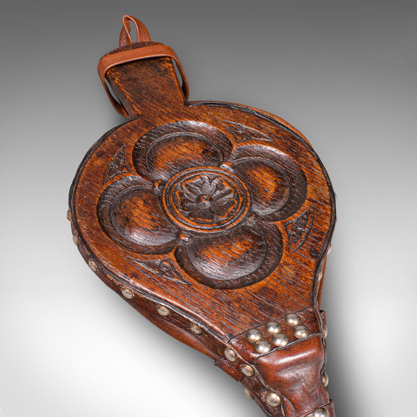 Antique Fireplace Bellows, English, Oak, Leather, Fire Tool, Victorian, C.1880