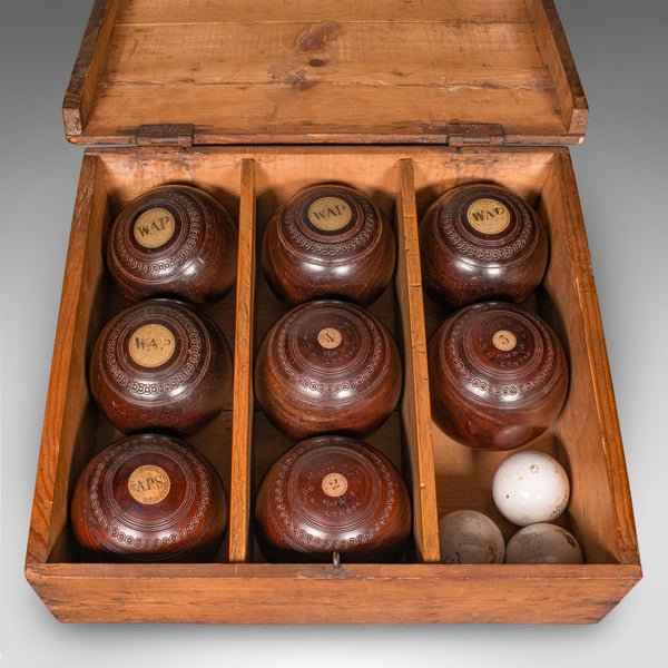 Antique Lawn Bowls Set, English, Bias Woods, Ceramic Jacks, Edwardian, Games