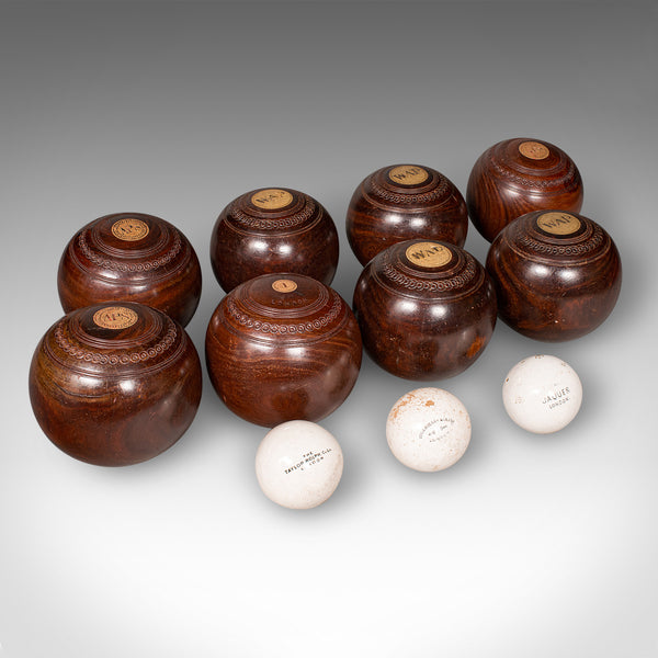 Antique Lawn Bowls Set, English, Bias Woods, Ceramic Jacks, Edwardian, Games