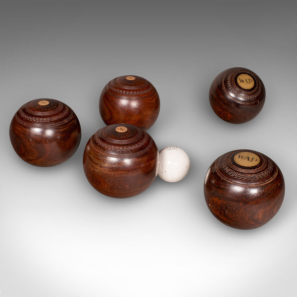 Antique Lawn Bowls Set, English, Bias Woods, Ceramic Jacks, Edwardian, Games