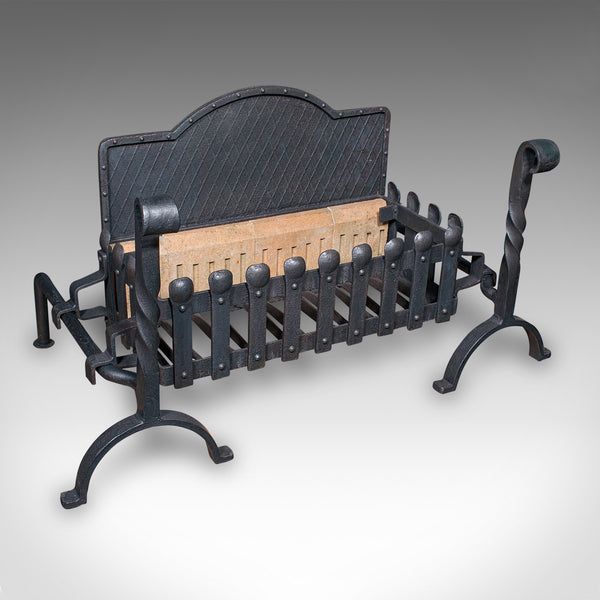 Large Antique Fireplace Set, English, Inglenook Fire Basket, Andirons, Victorian