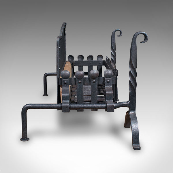 Large Antique Fireplace Set, English, Inglenook Fire Basket, Andirons, Victorian