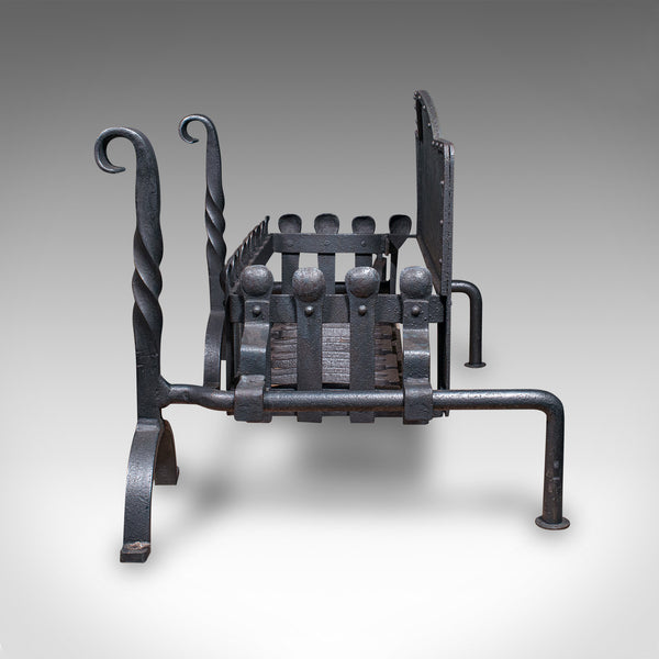 Large Antique Fireplace Set, English, Inglenook Fire Basket, Andirons, Victorian