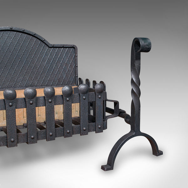 Large Antique Fireplace Set, English, Inglenook Fire Basket, Andirons, Victorian