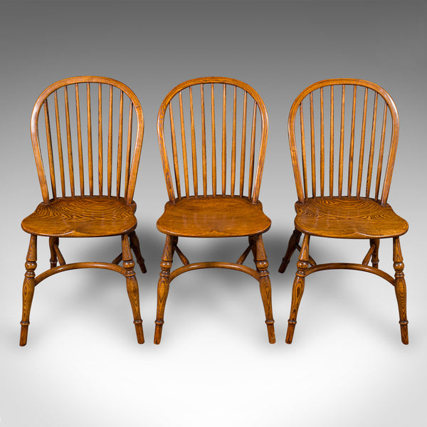Trio of Vintage Country Kitchen Chairs, English Ash, Elm, Victorian Revival Seat