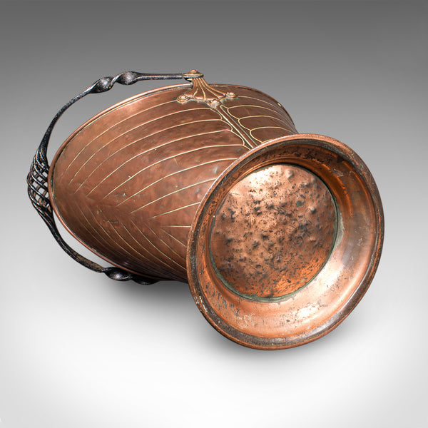 Antique Coal Scuttle, English, Copper, Fireside Basket, Art Nouveau, Victorian