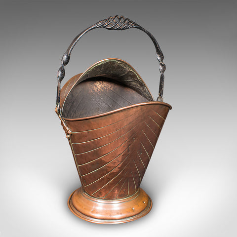 Antique Coal Scuttle, English, Copper, Fireside Basket, Art Nouveau, Victorian
