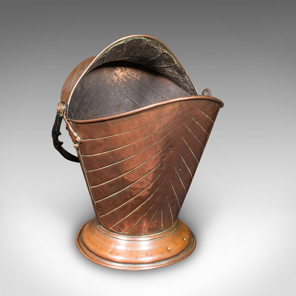 Antique Coal Scuttle, English, Copper, Fireside Basket, Art Nouveau, Victorian