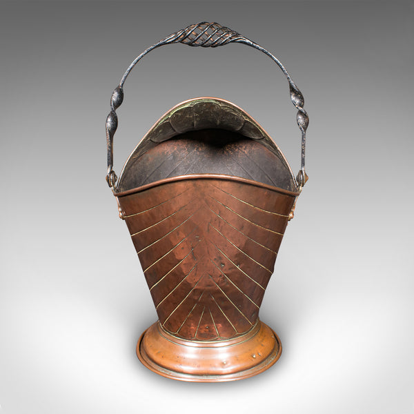 Antique Coal Scuttle, English, Copper, Fireside Basket, Art Nouveau, Victorian