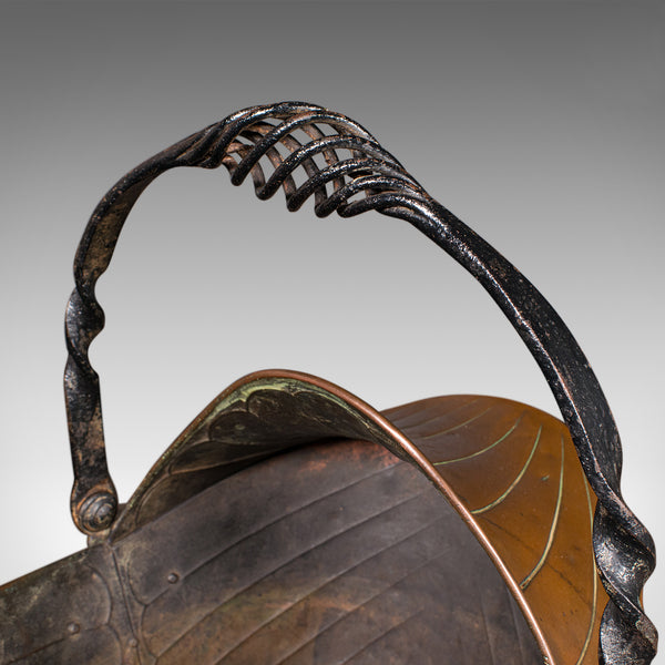 Antique Coal Scuttle, English, Copper, Fireside Basket, Art Nouveau, Victorian