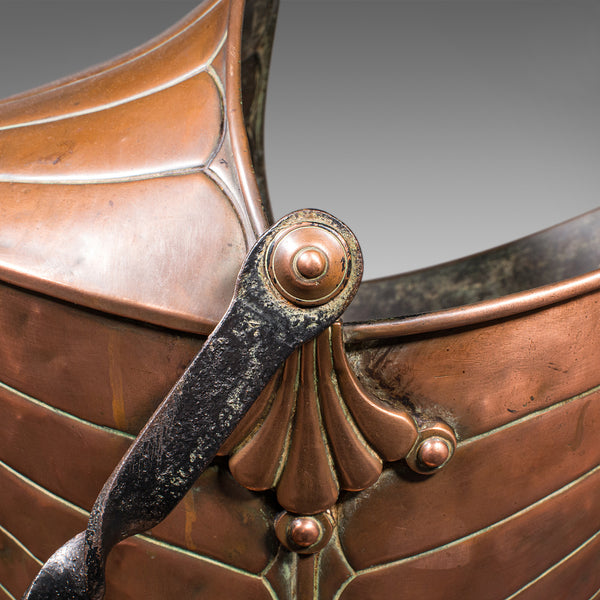 Antique Coal Scuttle, English, Copper, Fireside Basket, Art Nouveau, Victorian