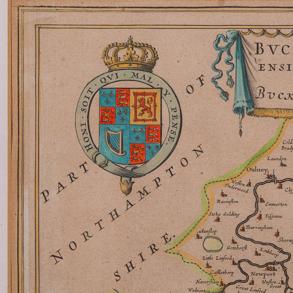 Antique Buckinghamshire Map, English, Framed 17th Century County Cartography