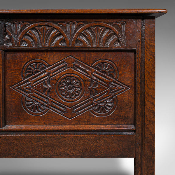 Large Antique Carved Coffer, English Oak, Blanket Chest, William III, Circa 1700