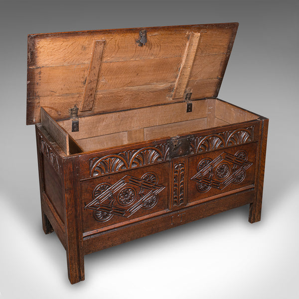 Large Antique Carved Coffer, English Oak, Blanket Chest, William III, Circa 1700