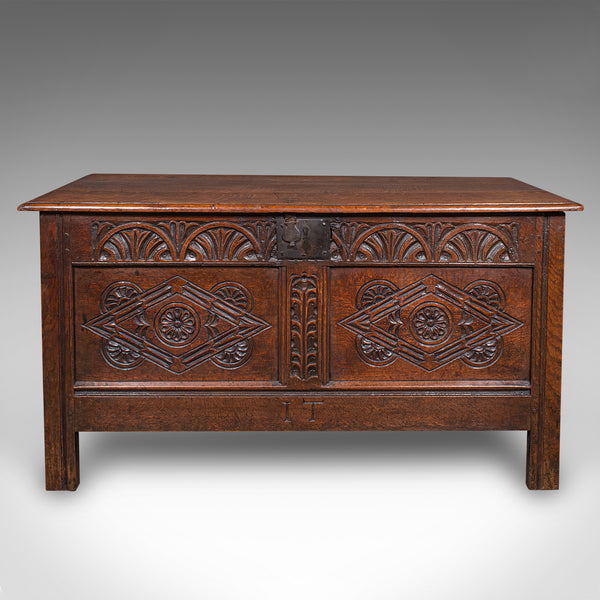 Large Antique Carved Coffer, English Oak, Blanket Chest, William III, Circa 1700