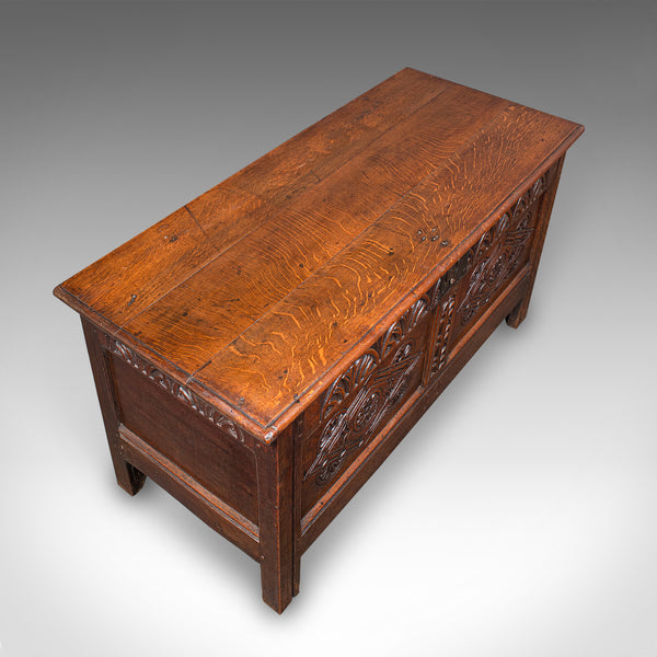 Large Antique Carved Coffer, English Oak, Blanket Chest, William III, Circa 1700