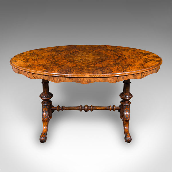 Antique Display Table, English, Burr Walnut, 4 Seat, Oval, Centre, Victorian