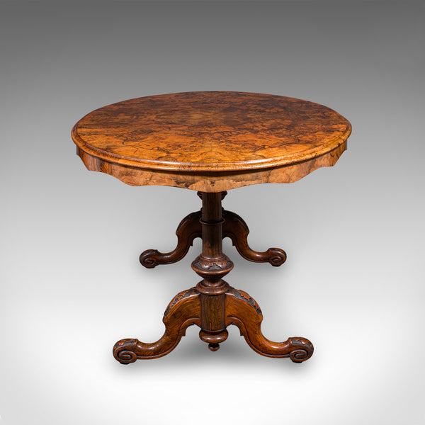 Antique Display Table, English, Burr Walnut, 4 Seat, Oval, Centre, Victorian