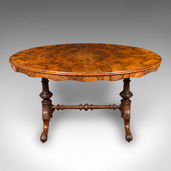 Antique Display Table, English, Burr Walnut, 4 Seat, Oval, Centre, Victorian