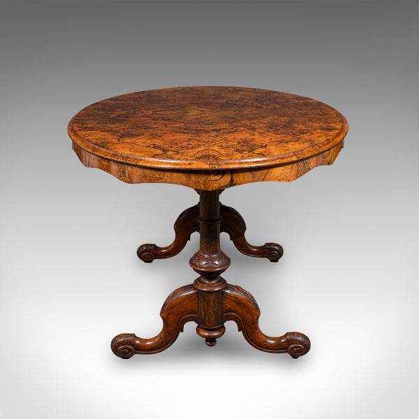 Antique Display Table, English, Burr Walnut, 4 Seat, Oval, Centre, Victorian
