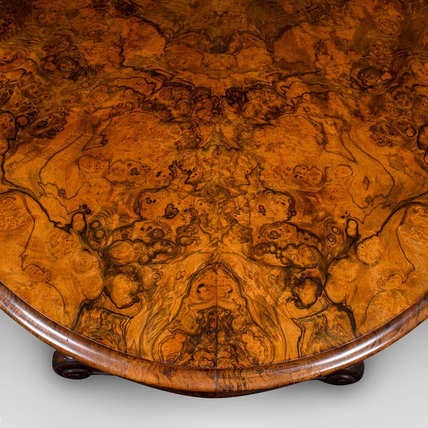 Antique Display Table, English, Burr Walnut, 4 Seat, Oval, Centre, Victorian