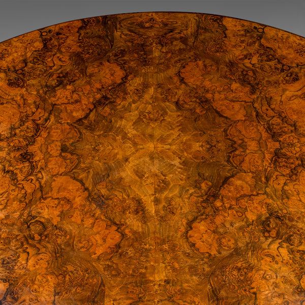 Antique Display Table, English, Burr Walnut, 4 Seat, Oval, Centre, Victorian