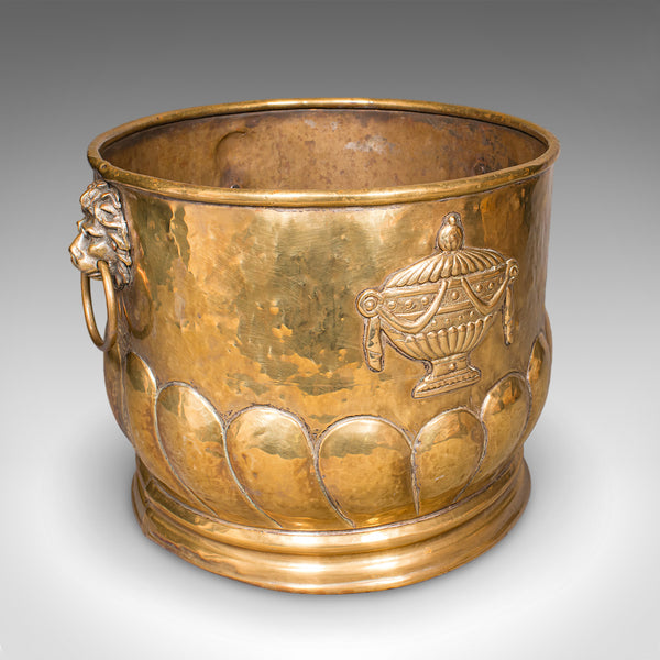 Antique Coal Bucket, French, Brass, Fireside Fuel Basket, Art Nouveau, Victorian