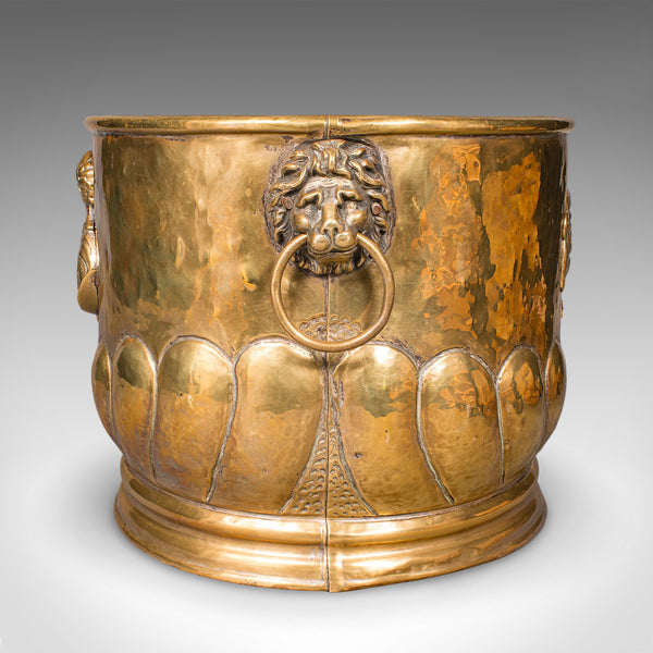 Antique Coal Bucket, French, Brass, Fireside Fuel Basket, Art Nouveau, Victorian