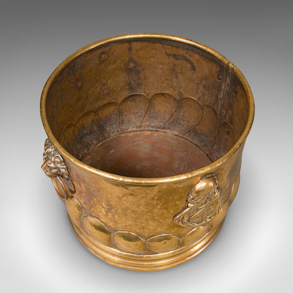 Antique Coal Bucket, French, Brass, Fireside Fuel Basket, Art Nouveau, Victorian