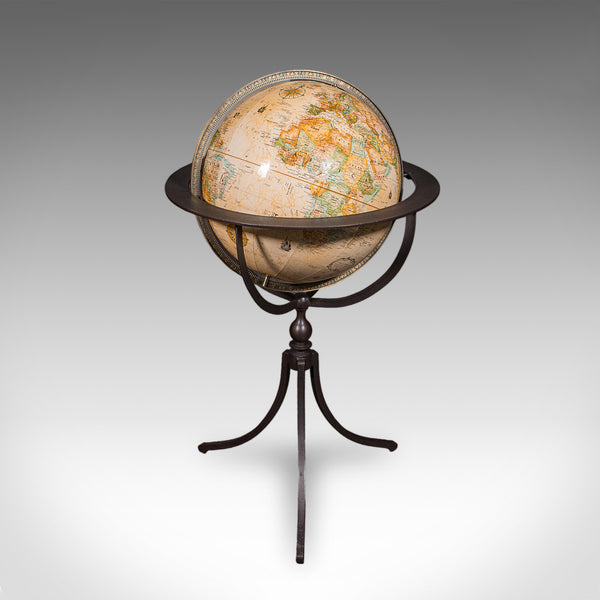 Late Vintage Tripod Globe, American, Steel, Topographical Gores, Classic Taste