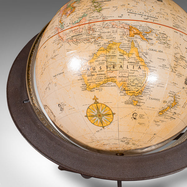 Late Vintage Tripod Globe, American, Steel, Topographical Gores, Classic Taste