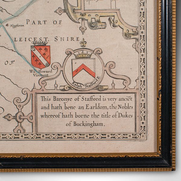 Antique Stafford County Map, English, Atlas Engraving, 17th Century, Cartography