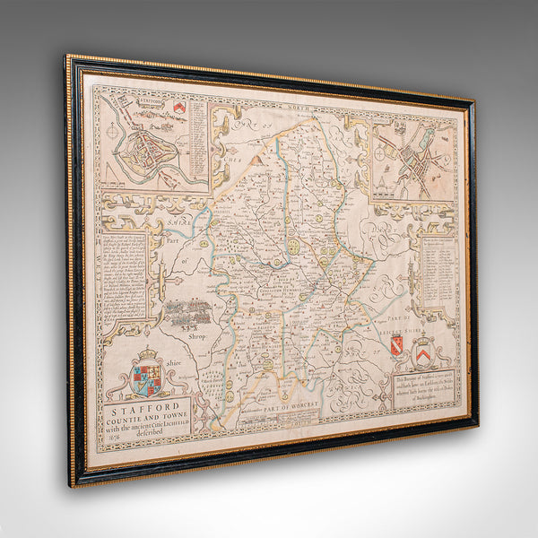 Antique Stafford County Map, English, Atlas Engraving, 17th Century, Cartography