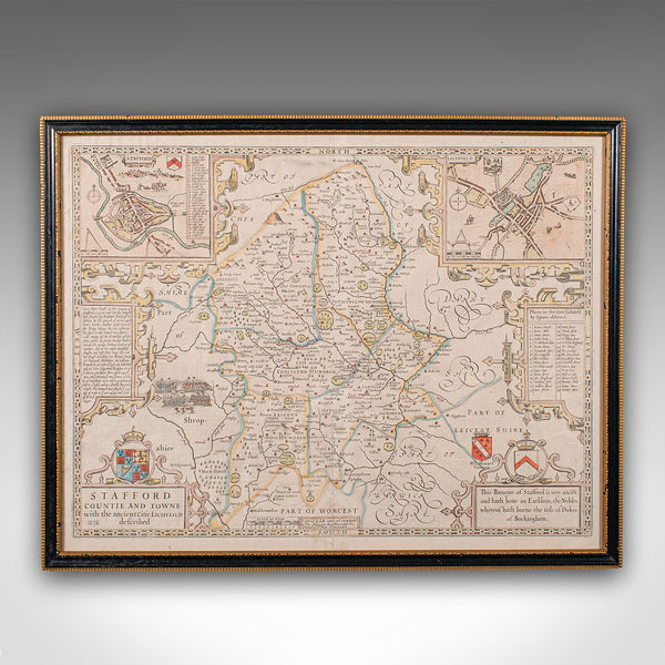 Antique Stafford County Map, English, Atlas Engraving, 17th Century, Cartography