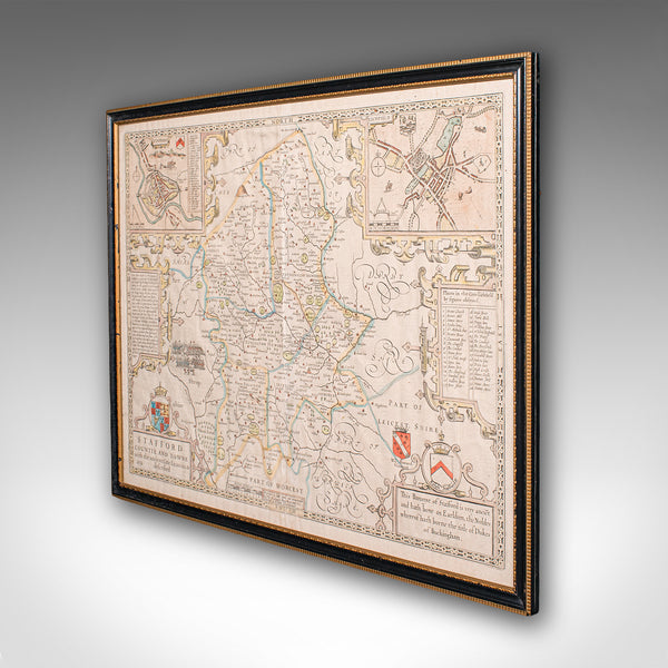 Antique Stafford County Map, English, Atlas Engraving, 17th Century, Cartography
