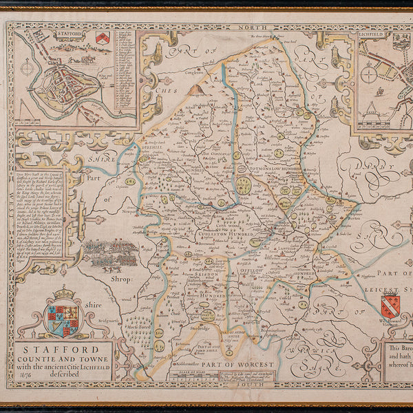 Antique Stafford County Map, English, Atlas Engraving, 17th Century, Cartography