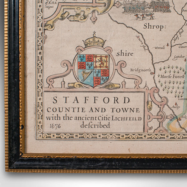 Antique Stafford County Map, English, Atlas Engraving, 17th Century, Cartography
