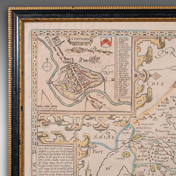 Antique Stafford County Map, English, Atlas Engraving, 17th Century, Cartography