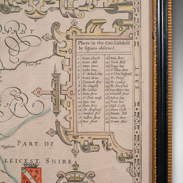 Antique Stafford County Map, English, Atlas Engraving, 17th Century, Cartography