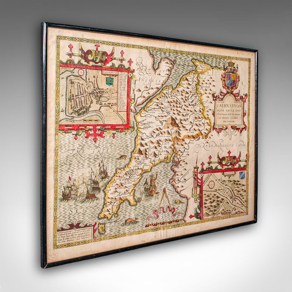 Antique Caernarvon Map, Framed Cartography, Welsh County, John Speed, Circa 1610