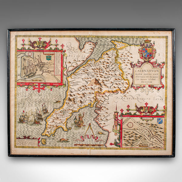 Antique Caernarvon Map, Framed Cartography, Welsh County, John Speed, Circa 1610