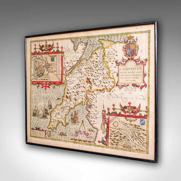 Antique Caernarvon Map, Framed Cartography, Welsh County, John Speed, Circa 1610