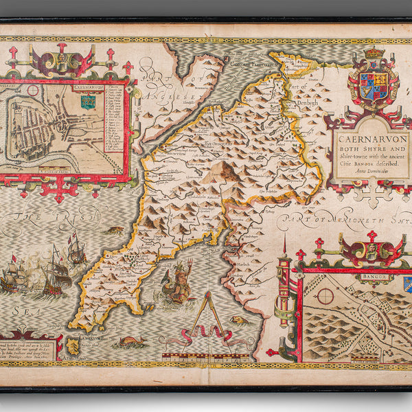 Antique Caernarvon Map, Framed Cartography, Welsh County, John Speed, Circa 1610
