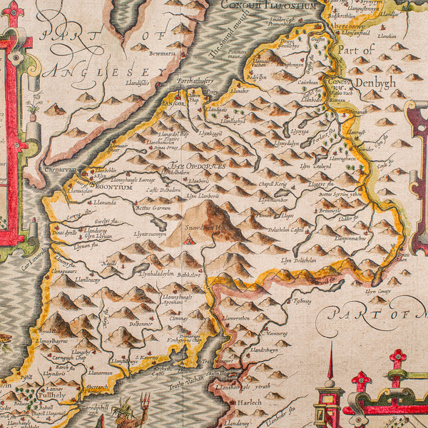 Antique Caernarvon Map, Framed Cartography, Welsh County, John Speed, Circa 1610
