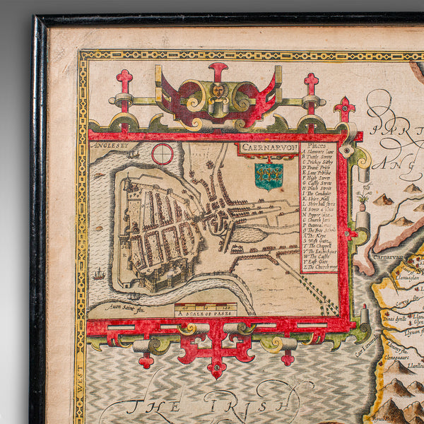 Antique Caernarvon Map, Framed Cartography, Welsh County, John Speed, Circa 1610