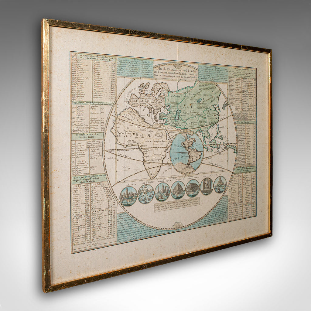Antique Plan de l'Historie Universelle World Map, Framed Cartography, Circa 1730