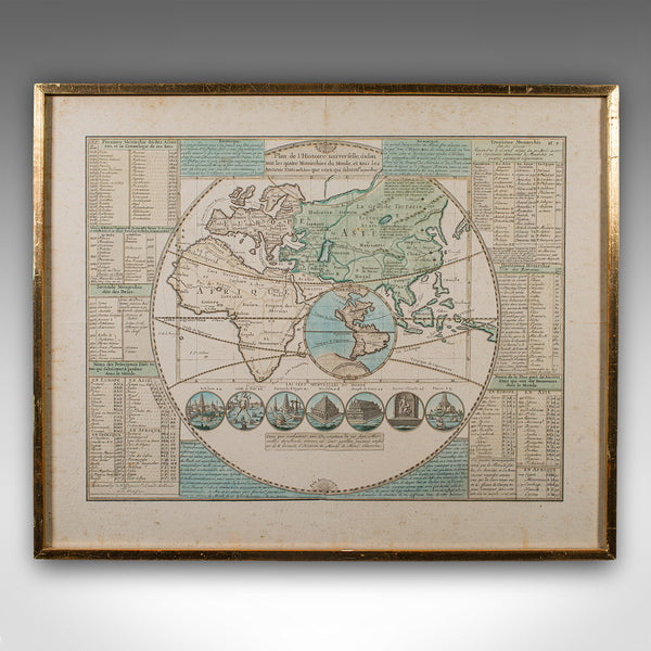Antique Plan de l'Historie Universelle World Map, Framed Cartography, Circa 1730